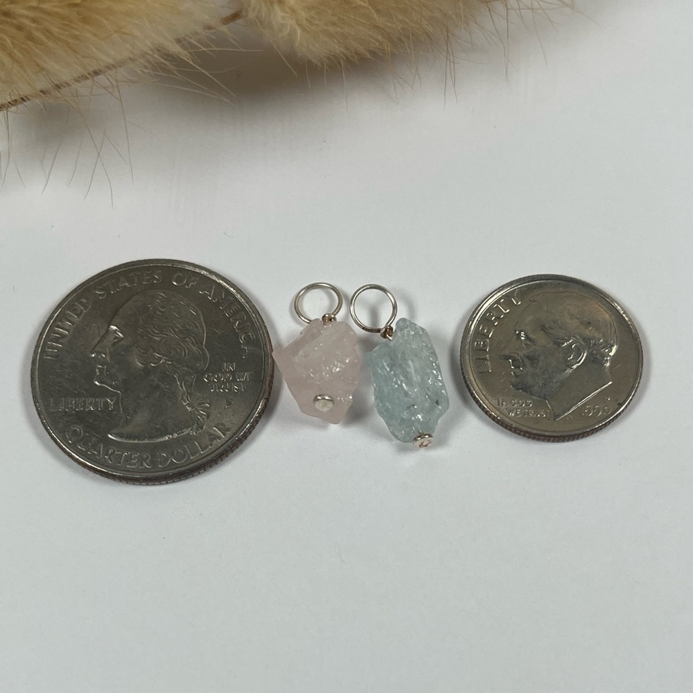 Set of 2 Sterling Silver Aquamarine Rose Quartz Gemstone Charm Pendants - Picture 4 of 6